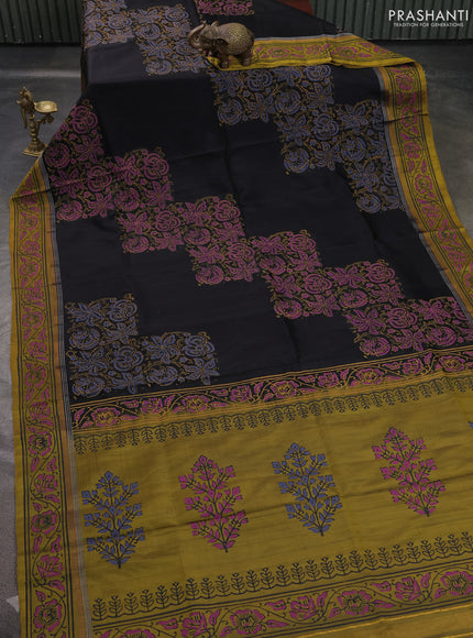 Uppada block printed saree black and mustard yellow with kalamkari prints and printed border