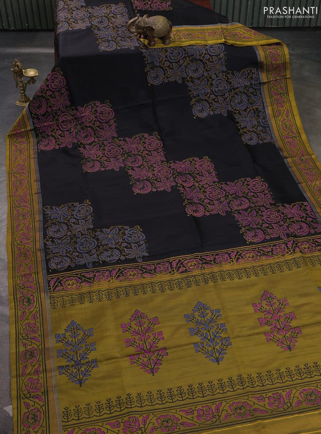 Uppada block printed saree black and mustard yellow with kalamkari prints and printed border