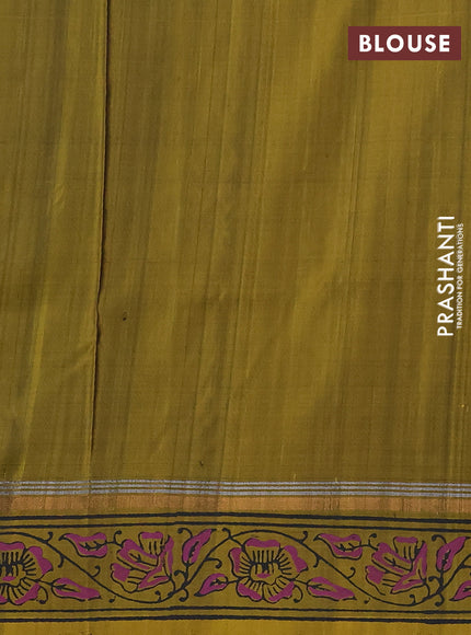 Uppada block printed saree black and mustard yellow with kalamkari prints and printed border