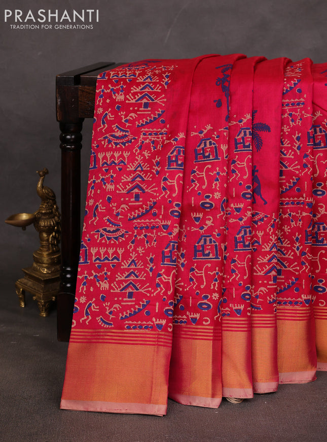 Uppada block printed saree tomato pink and beige with warli butta prints and long printed zari woven border