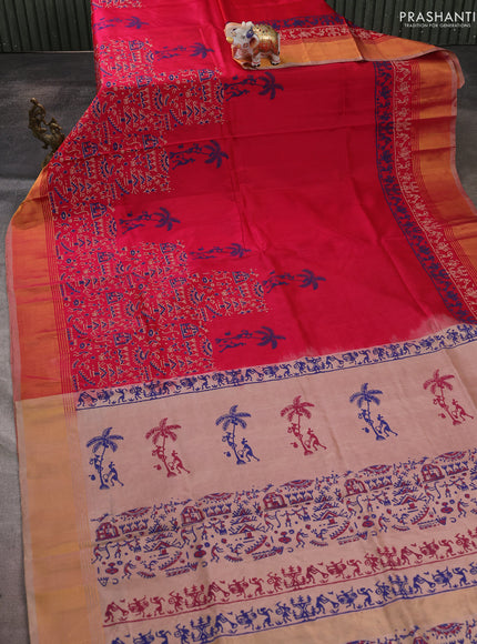 Uppada block printed saree tomato pink and beige with warli butta prints and long printed zari woven border