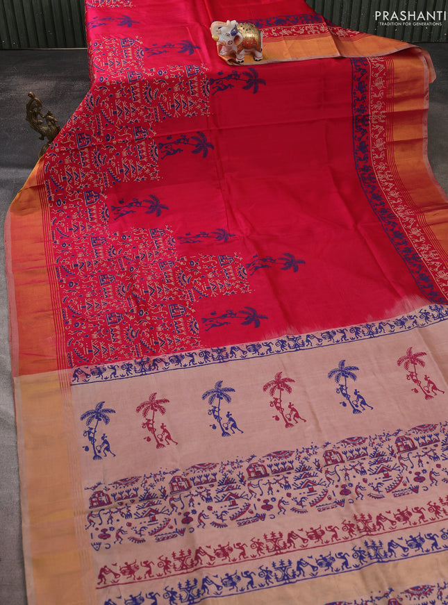 Uppada block printed saree tomato pink and beige with warli butta prints and long printed zari woven border