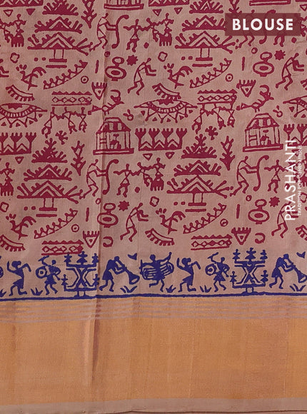 Uppada block printed saree tomato pink and beige with warli butta prints and long printed zari woven border