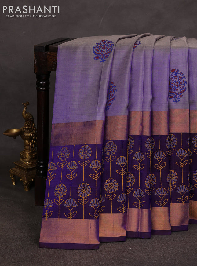 Uppada block printed saree dual shade of blue and dark blue with butta prints and long printed zari woven border