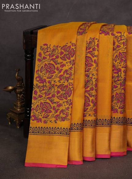 Uppada block printed saree mustard yellow and pink with kalamkari prints and zari woven border
