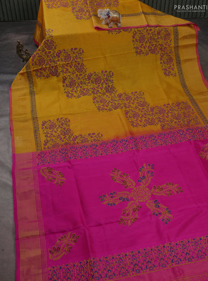 Uppada block printed saree mustard yellow and pink with kalamkari prints and zari woven border