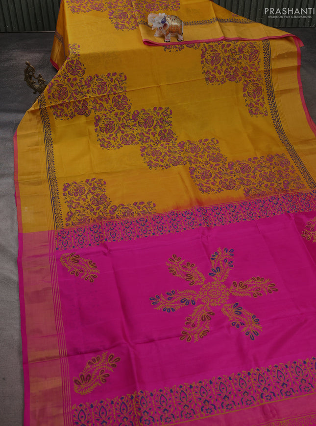 Uppada block printed saree mustard yellow and pink with kalamkari prints and zari woven border