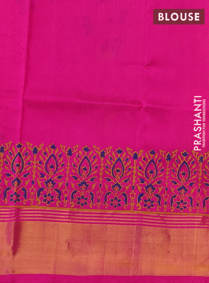 Uppada block printed saree mustard yellow and pink with kalamkari prints and zari woven border