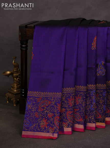 Uppada block printed saree blue and red with butta prints and long printed border