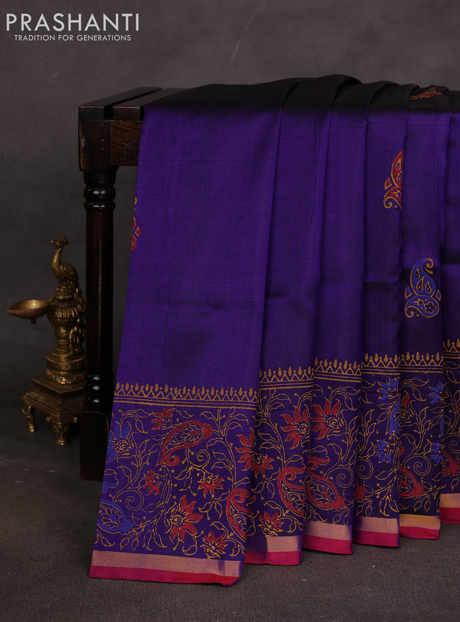 Uppada block printed saree blue and red with butta prints and long printed border