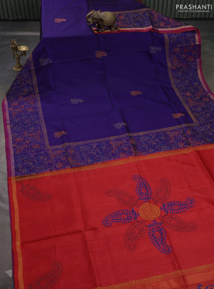 Uppada block printed saree blue and red with butta prints and long printed border