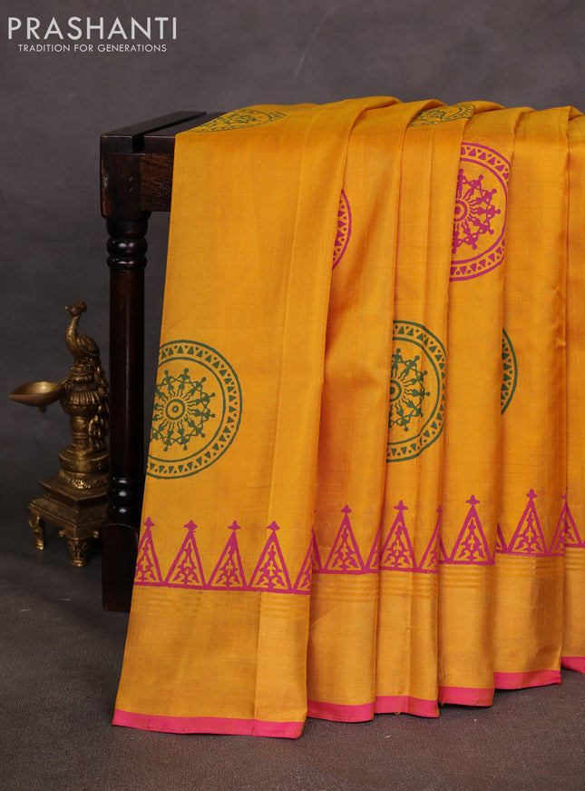 Uppada block printed saree mustard yellow and pink with warli butta prints and zari woven border