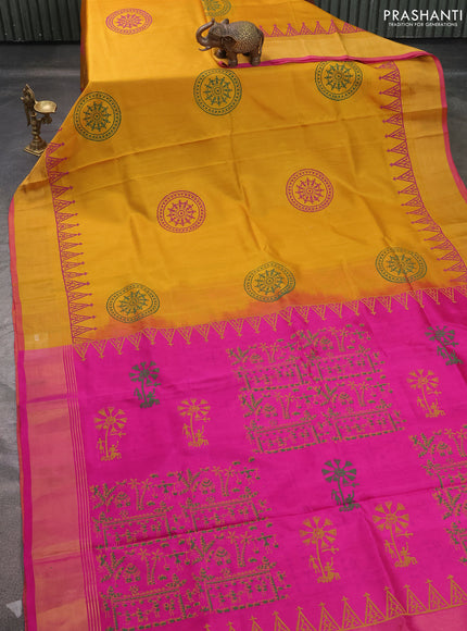 Uppada block printed saree mustard yellow and pink with warli butta prints and zari woven border