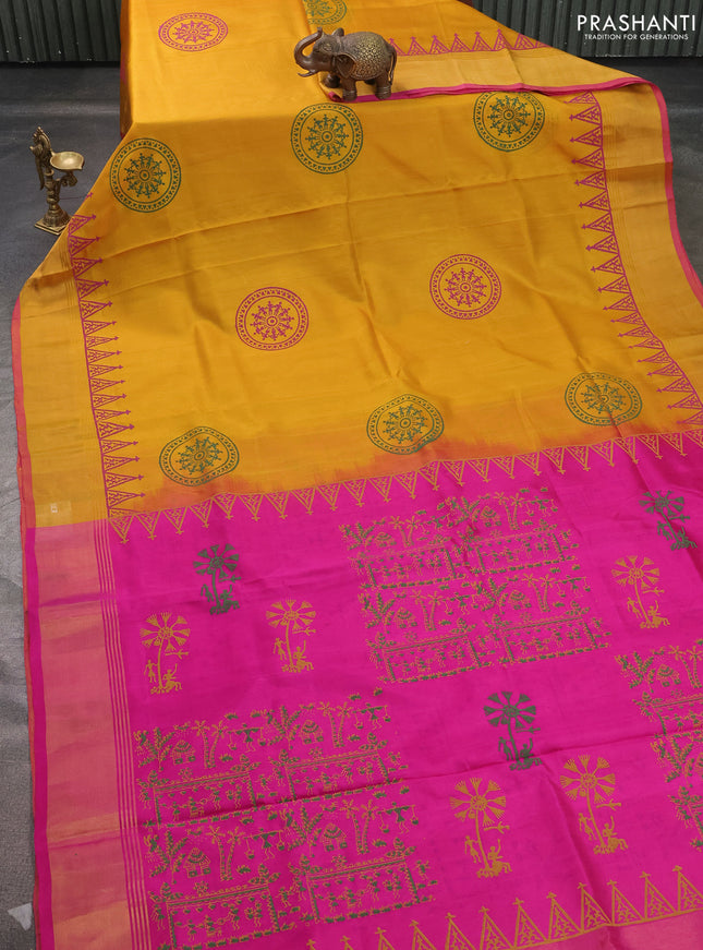 Uppada block printed saree mustard yellow and pink with warli butta prints and zari woven border