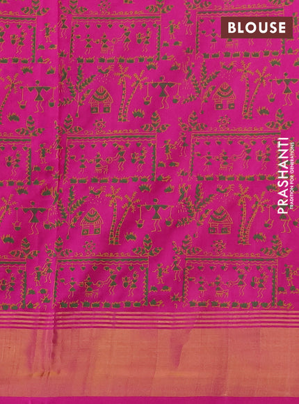 Uppada block printed saree mustard yellow and pink with warli butta prints and zari woven border
