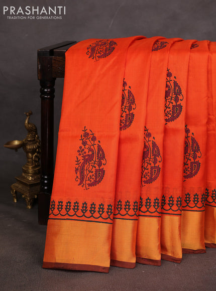 Uppada block printed saree orange and coffee brown with butta prints and zari woven border