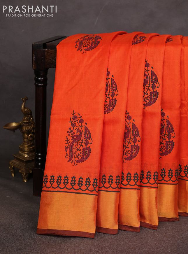 Uppada block printed saree orange and coffee brown with butta prints and zari woven border