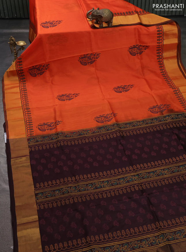 Uppada block printed saree orange and coffee brown with butta prints and zari woven border