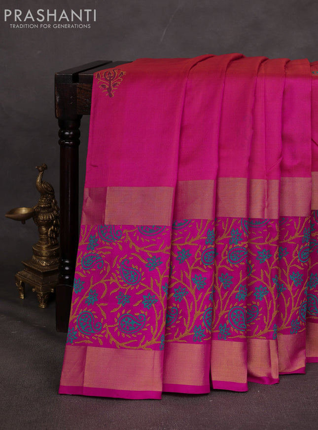 Uppada block printed saree dual shade of pinkish orange and pink with butta prints and long printed zari woven border