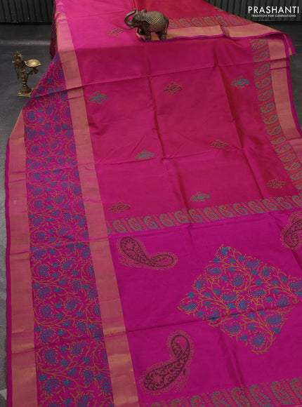 Uppada block printed saree dual shade of pinkish orange and pink with butta prints and long printed zari woven border