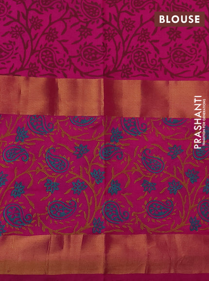 Uppada block printed saree dual shade of pinkish orange and pink with butta prints and long printed zari woven border