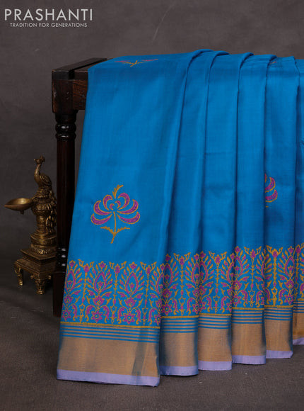 Uppada block printed saree cs blue and lavender with butta prints and long printed zari woven border