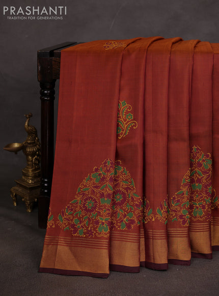 Uppada block printed saree dark mustard and coffee brown with butta prints and zari woven border