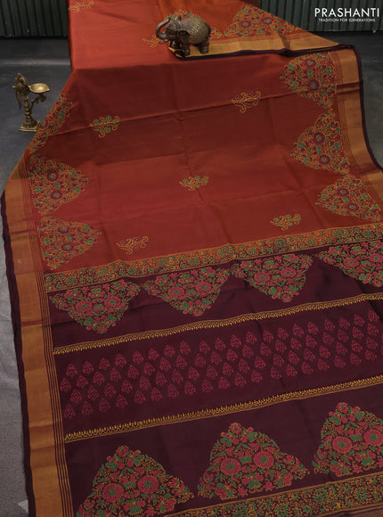 Uppada block printed saree dark mustard and coffee brown with butta prints and zari woven border
