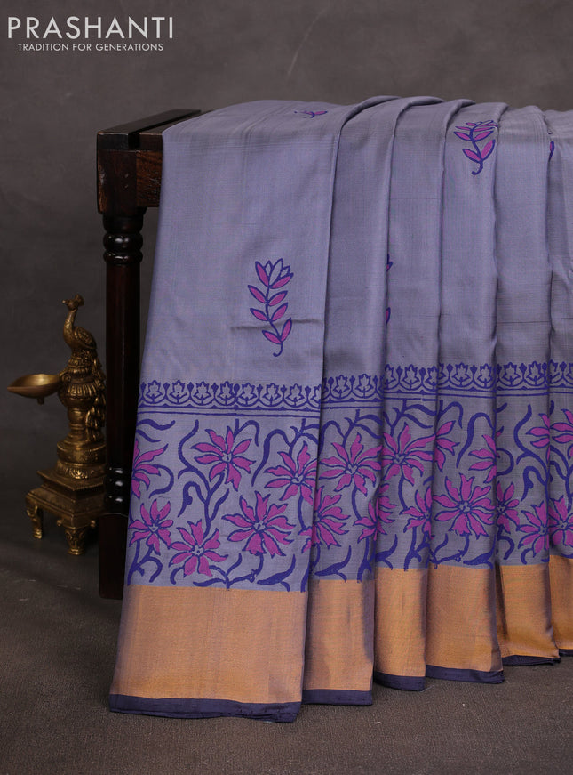 Uppada block printed saree grey and navy blue with butta prints and long printed zari woven border