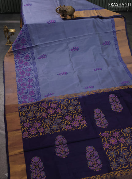 Uppada block printed saree grey and navy blue with butta prints and long printed zari woven border