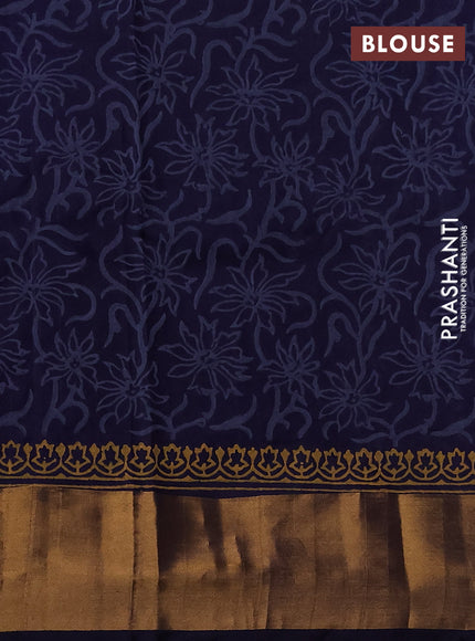 Uppada block printed saree grey and navy blue with butta prints and long printed zari woven border