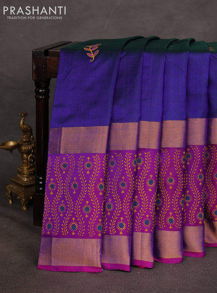 Uppada block printed saree dual shade of bluish green and purple with butta prints and long printed zari woven border