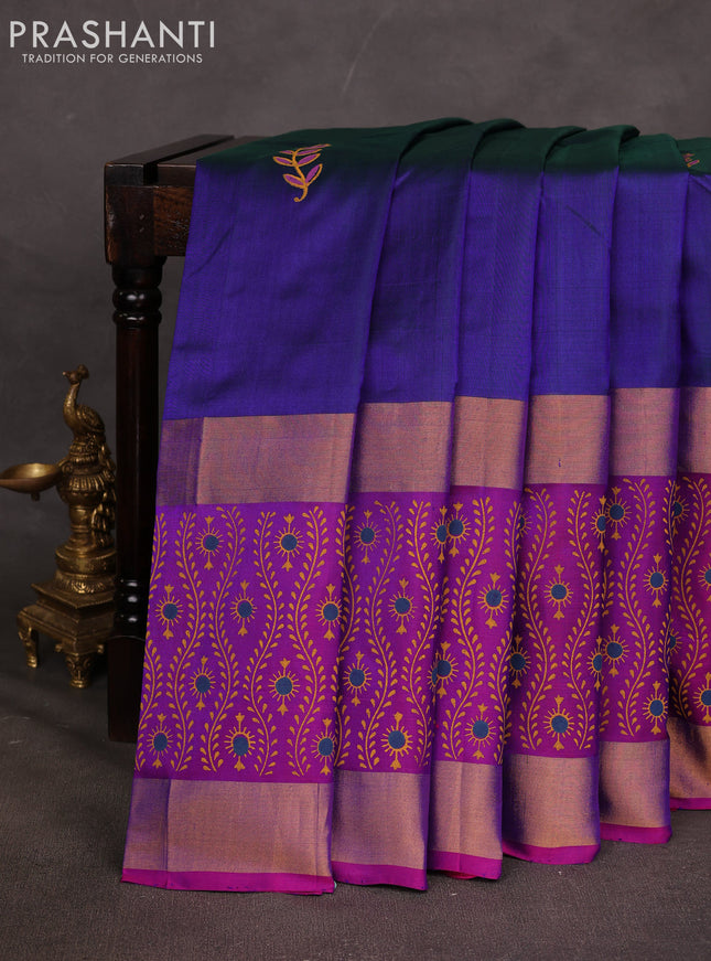 Uppada block printed saree dual shade of bluish green and purple with butta prints and long printed zari woven border