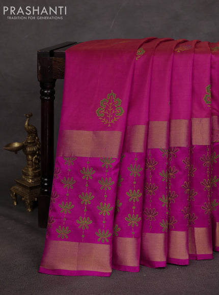 Uppada block printed saree dual shade of pinkish orange and pink with butta prints and long printed zari woven border