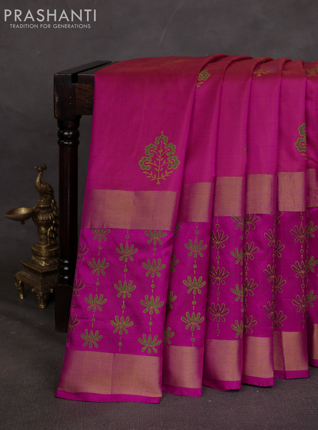 Uppada block printed saree dual shade of pinkish orange and pink with butta prints and long printed zari woven border