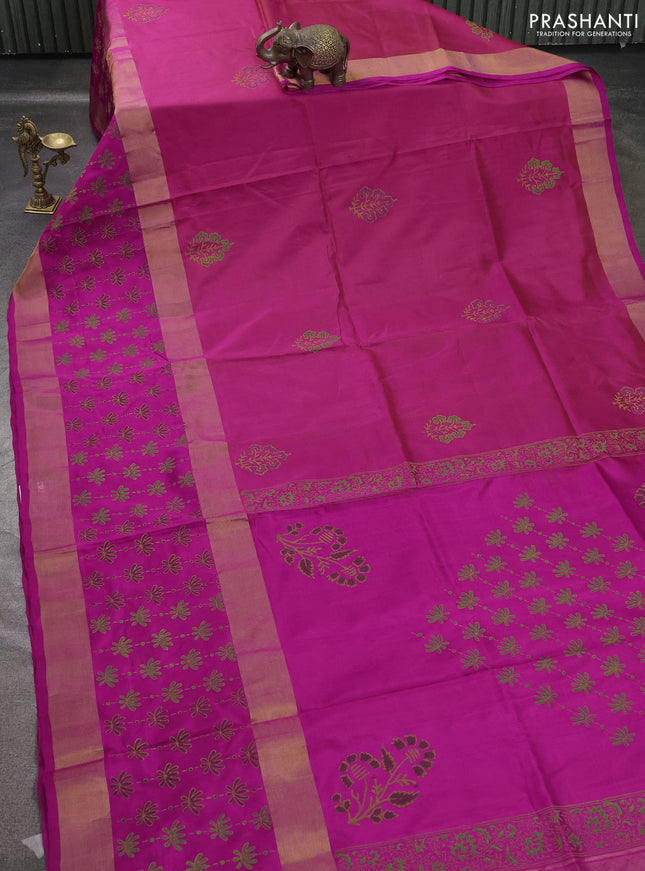 Uppada block printed saree dual shade of pinkish orange and pink with butta prints and long printed zari woven border