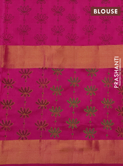 Uppada block printed saree dual shade of pinkish orange and pink with butta prints and long printed zari woven border