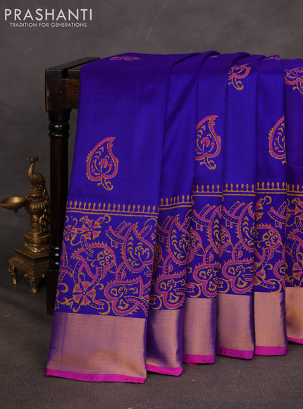 Uppada block printed saree royal blue and pink with butta prints and long printed zari woven border