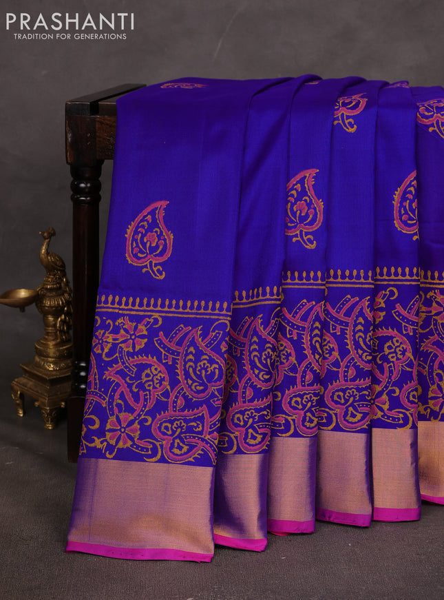 Uppada block printed saree royal blue and pink with butta prints and long printed zari woven border