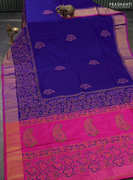 Uppada block printed saree royal blue and pink with butta prints and long printed zari woven border