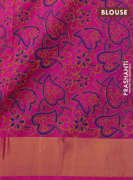 Uppada block printed saree royal blue and pink with butta prints and long printed zari woven border