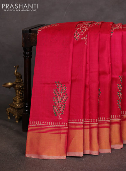Uppada block printed saree pink and beige with butta prints and zari woven border