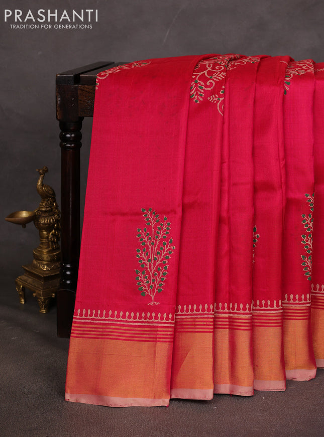 Uppada block printed saree pink and beige with butta prints and zari woven border