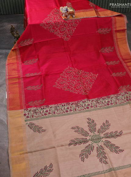 Uppada block printed saree pink and beige with butta prints and zari woven border