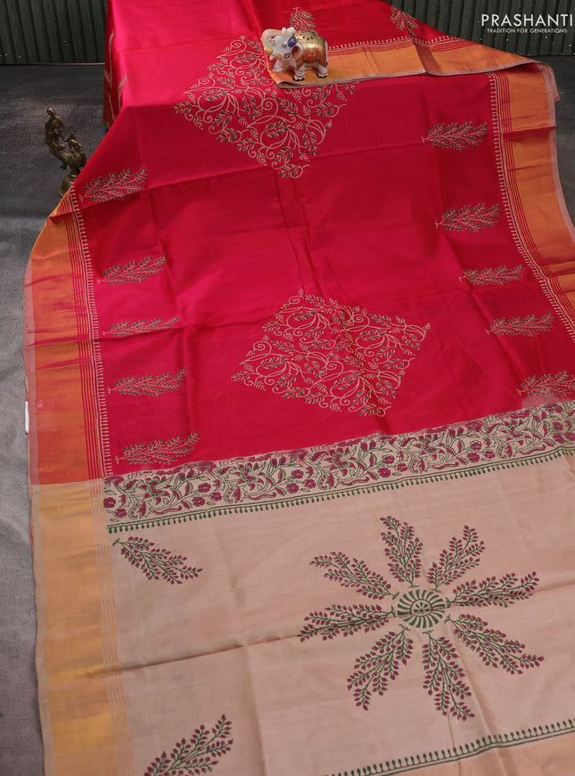 Uppada block printed saree pink and beige with butta prints and zari woven border