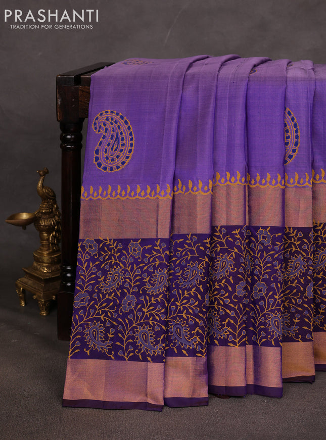 Uppada block printed saree lavender shade and blue with butta prints and long printed zari woven border
