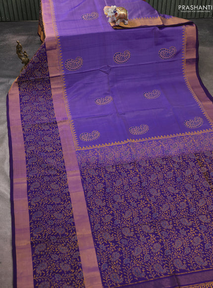 Uppada block printed saree lavender shade and blue with butta prints and long printed zari woven border