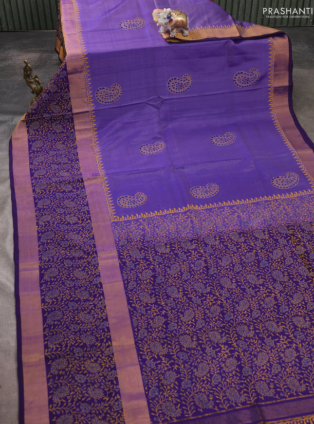 Uppada block printed saree lavender shade and blue with butta prints and long printed zari woven border