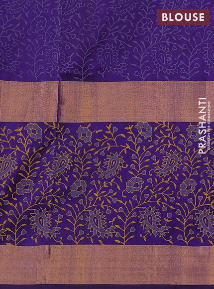 Uppada block printed saree lavender shade and blue with butta prints and long printed zari woven border