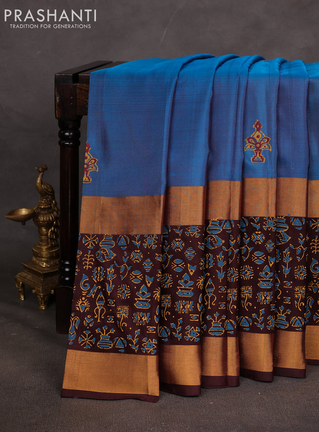 Uppada block printed saree peacock blue and coffee brown with butta prints and long printed zari woven border